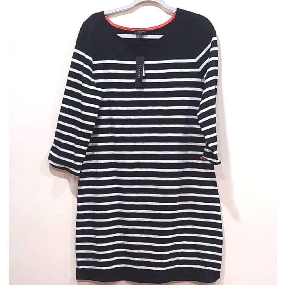 Talbots Sweater Dress Black White Striped 3/4 Sleeve Women Large